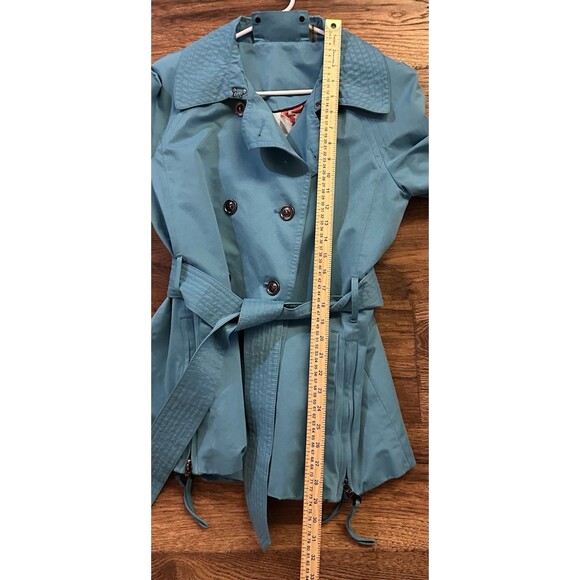 Tulle Turquoise Trench Coat Floral Bird Lining Belted Double Breasted Women’s M - Picture 6 of 9